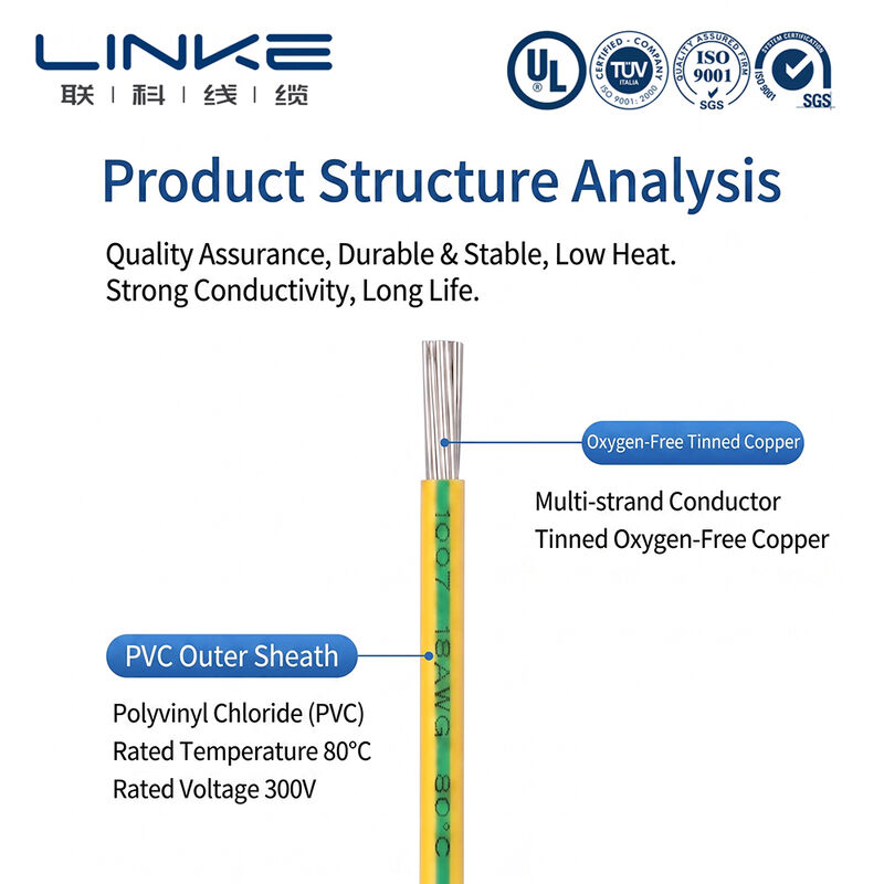 UL1007 Cable de conexión electrónica con conductor de cobre enlatado de 300 V Envase de PVC nominal y personalizable